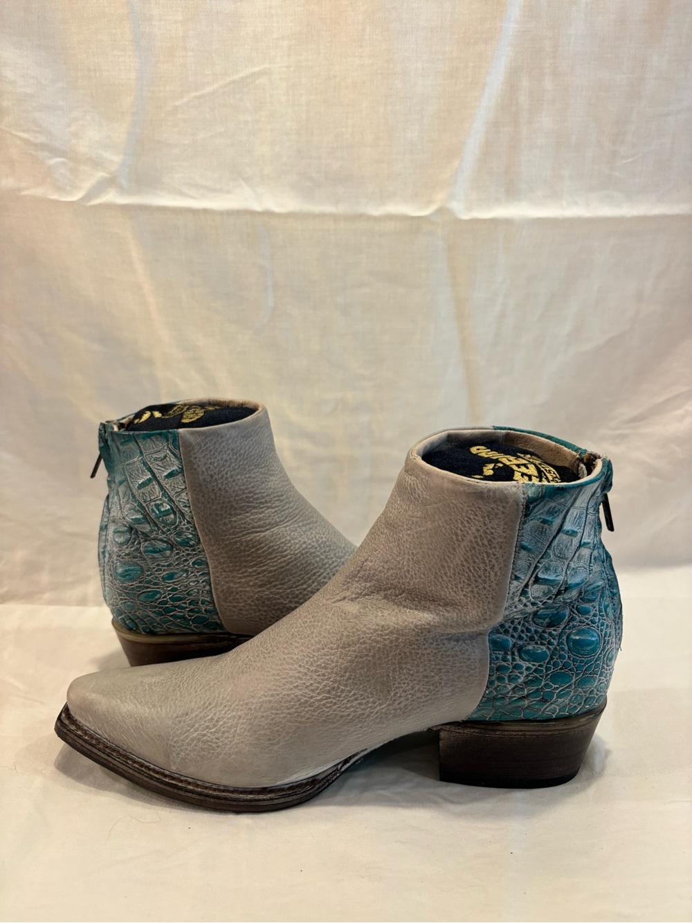 Freebird by Steven Gray and Teal Croc-Embossed Leather Ankle Booties